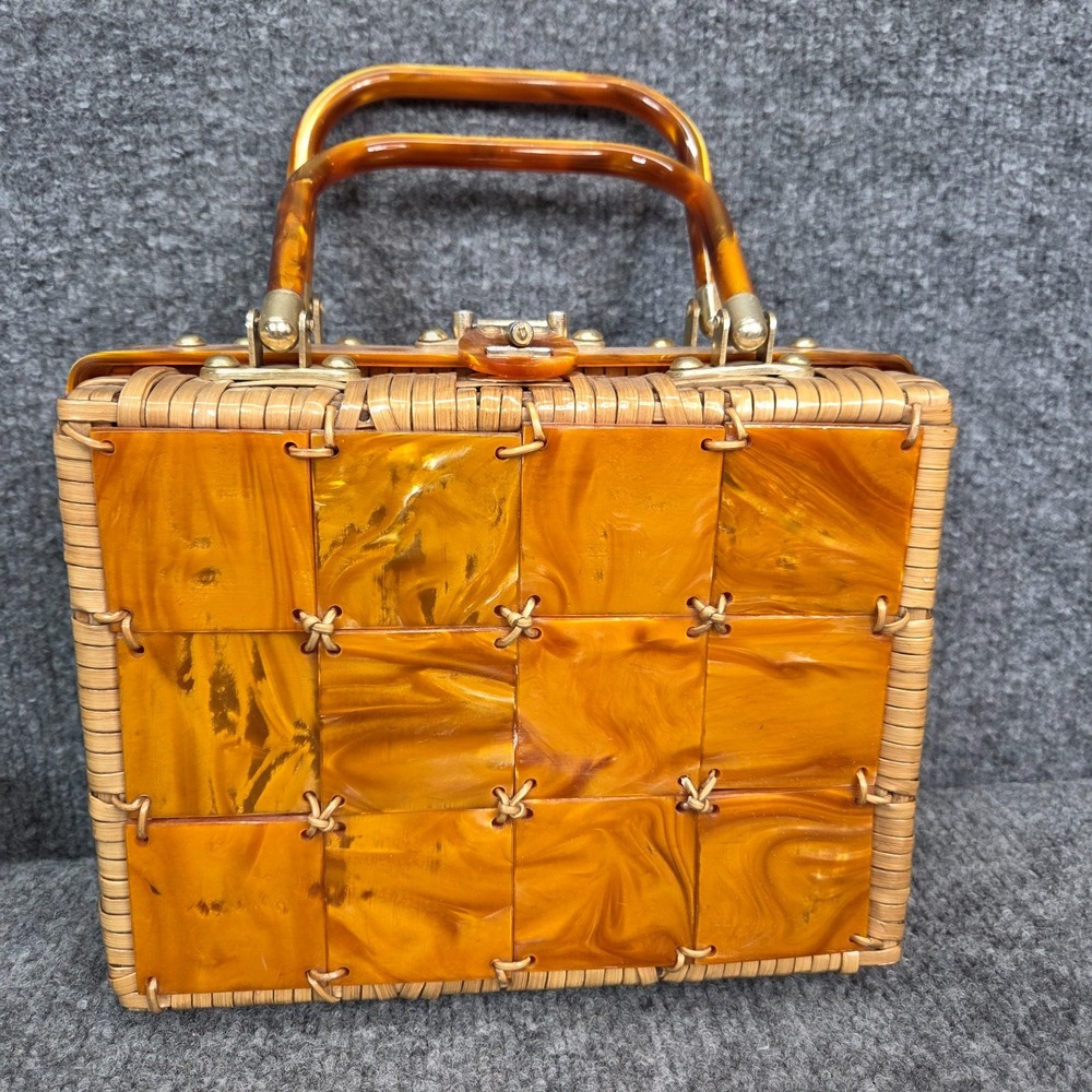 Vintage 50s Rare Stylecraft Miami Woven Purse Hand Bag Lucite Trim & Handle